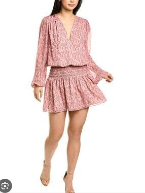 Ramy Brook Tova Pink Snake Print Smocked Mini Dress Long Sleeve Size Large